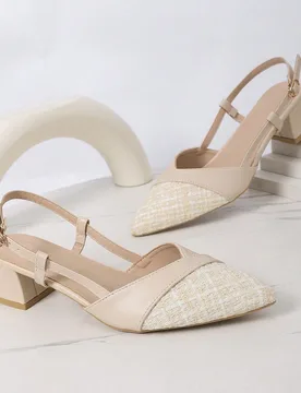 Par de sandalias de tacón alto para adolescentes, con hebilla y punta puntiaguda, parte superior tejida en blanco y dorado, versátil en beige, adecu - Shein - FashionsVida