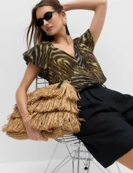 Printed Puff Sleeve Volume Top Dark Green Mix female