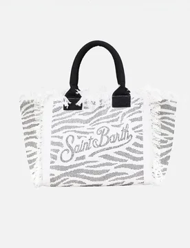 Borsa Vanity nera in cotone con fantasia zebrata e scritta logo bianca in strass e frange lungo i profili - MC2 SAINT BARTH - FashionsVida