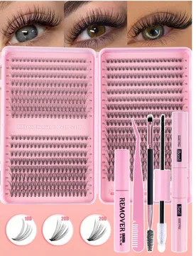 Piezas Kit de extensiones de pestañas postizas en racimo D-Curl DIY, longitud mixta de 8-16mm, rizo mixto 10D-80D, con pegamento, sellador y herramie - Shein - FashionsVida