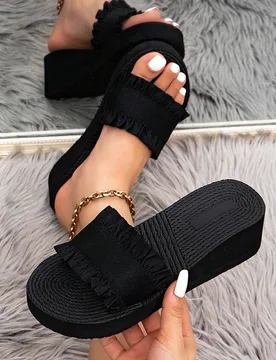 Sandalias de cuña de plataforma con suela gruesa y cruzada para mujeres, beige y negro, chanclas casuales/de playa/de viaje de dedo abierto - Shein - FashionsVida