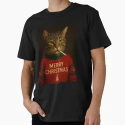 Merry christmas cat smoking Funny Christmas Gift T Shirt for men 100% cotton printed Graphic Clothes Mens All size S-6XL Tops