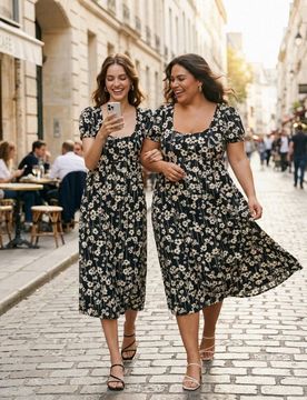 Abito midi in cotone con stampa floreale con maniche a sbuffo - multicolor
