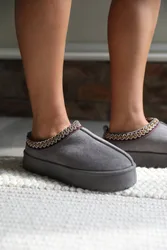Women's 'Freeze' Flatform Embroidered Low Ankle Slipper Boots in Grey Size: 4 - Grey - Size: 4