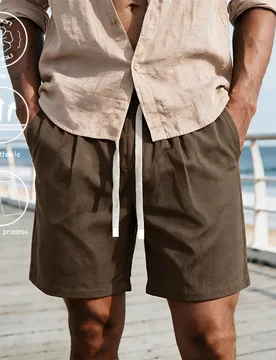 Pantalones cortos casuales cómodos para hombres con cordón ajustable para uso diario, vacaciones de verano, pantalones cortos de tela de lino para h - Shein - FashionsVida