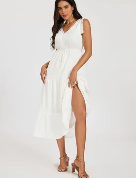 Frill Sleeve Lace Detail Midi Dress - White - Size: S - FS Collection - FashionsVida