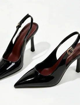 Tacones altos de aguja de charol negro con punta puntiaguda para mujer, zapatos elegantes de vestir de noche con punta cerrada y cordones con correa p - Shein - FashionsVida