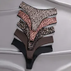 Set de 5 piezas de tangas lisos y con estampado de leopardo para mujer