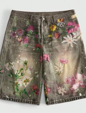 Pantalones cortos vaqueros casuales de ajuste holgado con estampado retro para hombres, pantalones de verano versátiles