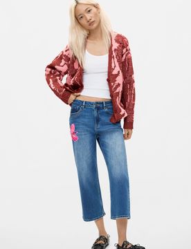 Pantalon jean floral culotte, , Coton, Bleu, 34