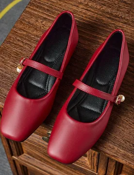 Zapatos de mujer con punta cuadrada, vamp bajo, patchwork, color burdeos, botones de perla, zapatos versátiles para oficina y casual, zapatos de ball - Shein - FashionsVida