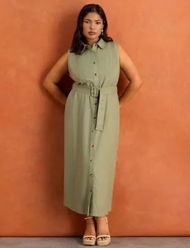 Linen Blend Belted Midaxi Shirt Dress Green female - Live Unlimited London - FashionsVida