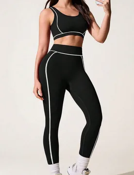 Conjunto de camiseta y mallas negras para mujer, conjunto de entrenamiento de rayas blancas y negras para yoga y fitness al aire libre, conjunto de en - Shein - FashionsVida