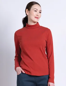 Organic Rib Polo Neck Top - Rust - Nomads - FashionsVida