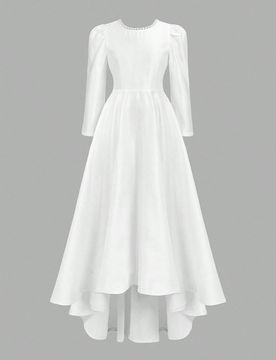 Vestido largo de satén blanco elegante con lazo y espalda descubierta de manga larga para niña preadolescente