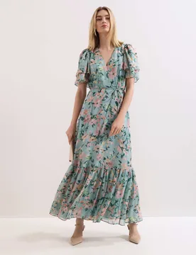 Chiffon Floral V-Neck Angel Sleeve Maxi Waisted Dress Multi female - Phase Eight - FashionsVida