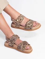 Leather Zebra Buckle Flatform Slingback Sandals Brown Mix female
