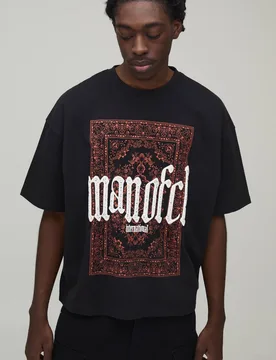 Men's Oversized Boxy Paisley Puff Print T-Shirt Black Size Large Black L - boohooMAN - FashionsVida