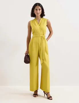 Satin Belted Sleeveless Wide Leg Jumpsuit Yellow female - Phase Eight - FashionsVida