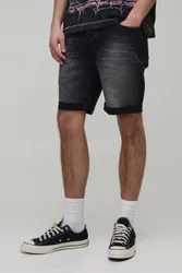 Herren Schmal Geschnittene Stretch Stark Gebleichte Zerrissene Denim-Shorts Washed Black Größe 30