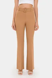 Womens High-Waist Belted Flare Trousers - Camel - Size X-Large