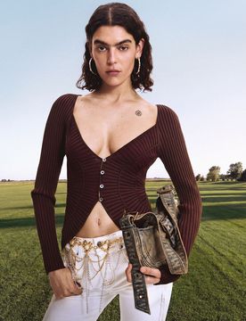 Pull fin à boutons, , Marron, S