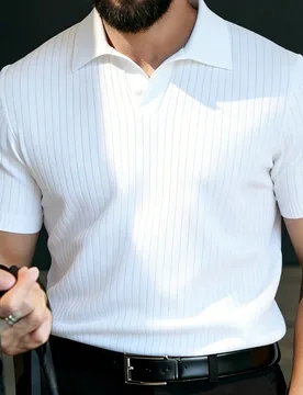 Polo de manga corta de punto premium fino y suelto con rayas para hombre, fresco y cómodo, esencial de moda casual de verano - Shein - FashionsVida