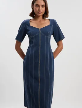 Women's Petite Tencel Cotton Contrast Stitch Zip Front Woven Midi Dress in Navy Size: 6 - Navy - Size: 6 - Karen millen - FashionsVida