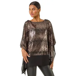 Womens Ombre Sequin Mesh Chiffon Top - Taupe - Size 12 Uk
