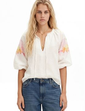 Blouse légère avec motif de fleurs aquarelle., Blanc, XS