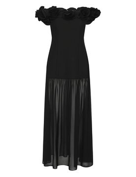 Off-Shoulder Mini Dress with Floral Appliqué Neckline and Back Zip Closure