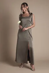Womens Olive Satin Tie Shoulder Midi Bridesmaid Dress - Green - Size 12 Uk