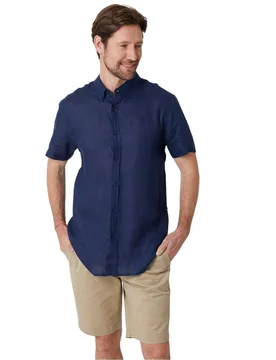 Mens Linen Blend Regular Shirt (Navy) - Size Medium - Saltwell - FashionsVida