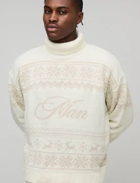 Men's Oversized Boxy Roll Neck Christmas Fair Isle Knitted Jumper Ecru Size Medium Ecru M - boohooMAN - FashionsVida