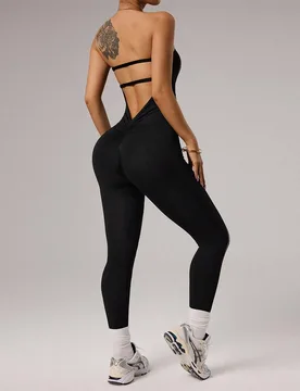 Mono de un solo hombro estilo bandeau para mujer, mono de yoga y fitness de moda con espalda descubierta y cintura ajustada - Shein - FashionsVida