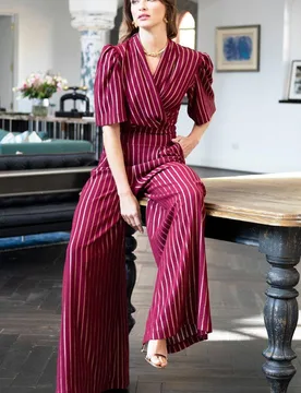 Women's Gold Stripe Wide Leg Jumpsuit in Wine Size: 10 - Wine - Size: 10 - Hot Squash - FashionsVida