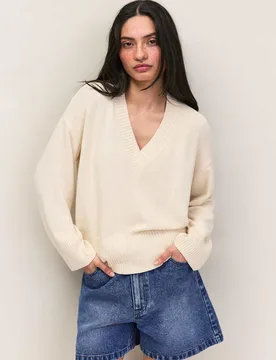 Cotton Blend Textured V-Neck Relaxed Jumper Natural female - RO&ZO - FashionsVida