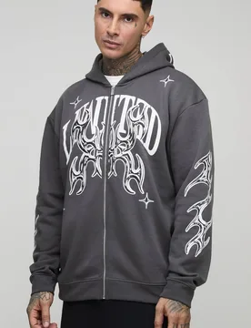 Herren Tall Oversized Zip-Through Limited Graphic Hoodie Sweatshirt Charcoal Größe Medium - boohooMAN - FashionsVida