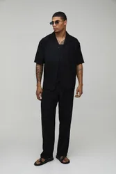 Herren Übergroßes Strukturiertes Plissiertes Hemd & Entspannte Hose Set Black Größe XS