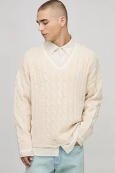 Mens Boxy V Neck Cable Distressed Hem Knitted Jumper - Ecru - Size Medium