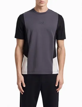 T-shirt color block antracite nera e panna in puro cotone con logo piccolo sul petto - EA7 - FashionsVida