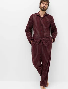 Brushed Cotton Striped Pyjama Set Burgundy Mix male - M&S - FashionsVida