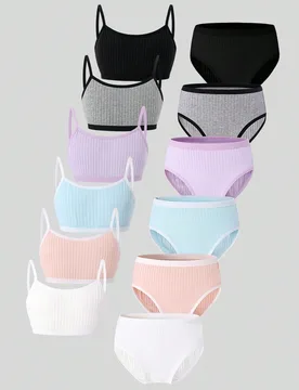 Conjunto de 6 piezas de camiseta de tirantes y pantaleta de algodón texturizado de unicolor para niña preadolescente, en rosa, morado, gris, azul, n - Shein - FashionsVida