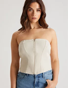 Womens Cream Rib Zip Up Corset Top - Size 14 Uk - Urban Bliss - FashionsVida