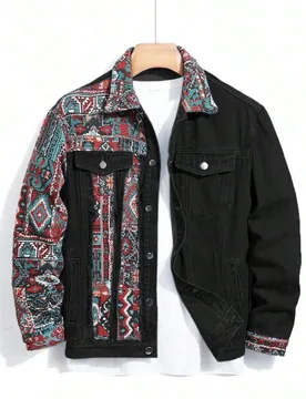 Chaqueta vaquera holgada de manga larga con patrón geométrico de retazos para hombre, otoño - Shein - FashionsVida