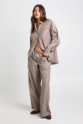 Womens Woven Stripe Elasticated Waist Wide Leg Trouser - Chocolate - Size 10 Uk