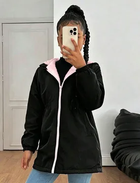 Chaqueta cortavientos con capucha informal para niñas preadolescentes, ropa de abrigo forrada térmicamente de longitud media, para otoño/invierno - Shein - FashionsVida