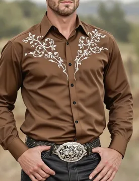 Camisa negra versátil y resistente para hombres, libera el encanto del vaquero occidental, camisa de manga larga estampada para hombres, de moda y co - Shein - FashionsVida