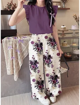 Pantalones con estampado de flores silvestres estilo bohemio a juego con blusa morada, conjunto de flores prensadas, flores silvestres estilo bohemio, - Shein - FashionsVida