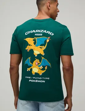 Mens Regular Charizard Pokemon License Print T-Shirt - Forest Green Cotton - Size Small - boohooMAN - FashionsVida